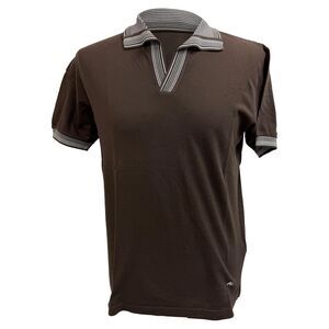 Etro Stripe Accent Short Sleeve Polo Shirt in Brown Cotton